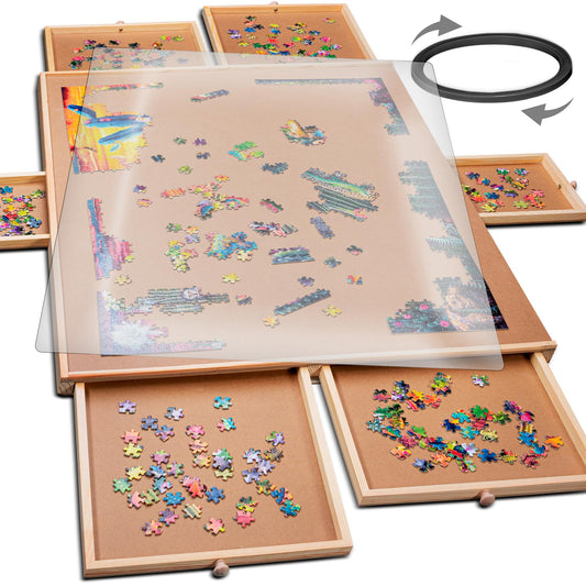 PLAYVIBE Rotating Puzzle Board – 1500 Piece Table with 6 Storage Drawers, 27x35in, 360° Lazy Susan Rotation for Jigsaw Puzzles