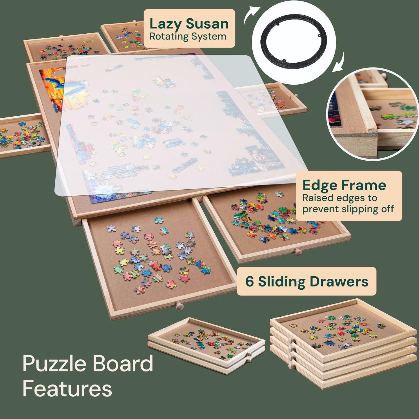 PLAYVIBE Rotating Puzzle Board – 1500 Piece Table with 6 Storage Drawers, 27x35in, 360° Lazy Susan Rotation for Jigsaw Puzzles