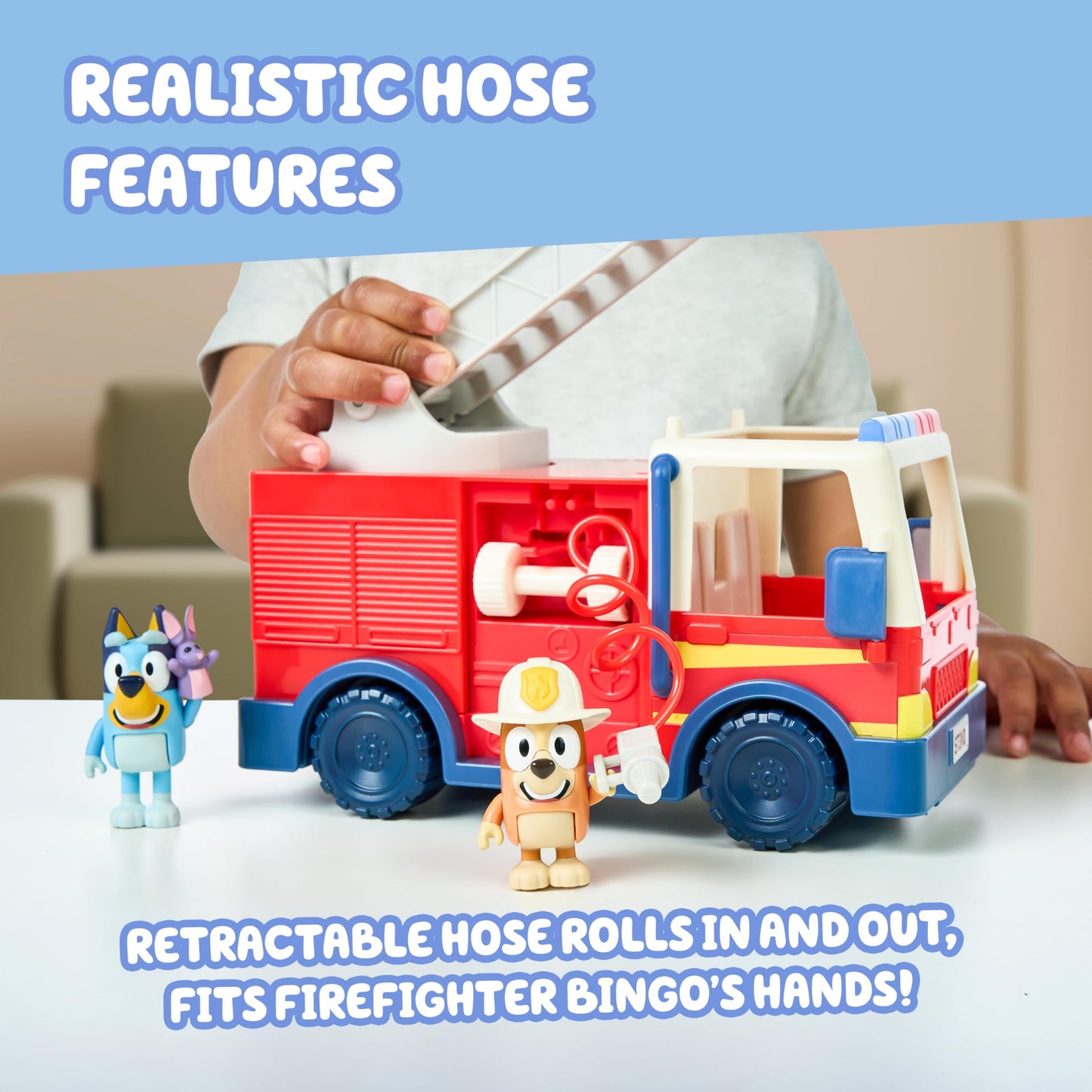 Bluey Firetruck Toy with Firefighter Bingo, Bob Bilby Figures | Extendable Ladder & Hose | Includes Stickers - Perfect for Kids Ages 3+