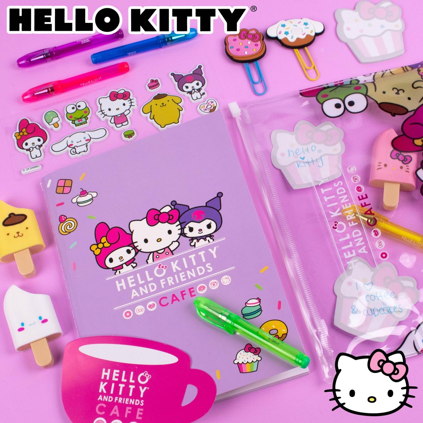 Hello Kitty & Friends 22-Piece Cafe Stationery Set – Cute School Supplies, Notebook, Squishy Stickers & Fun Accessories