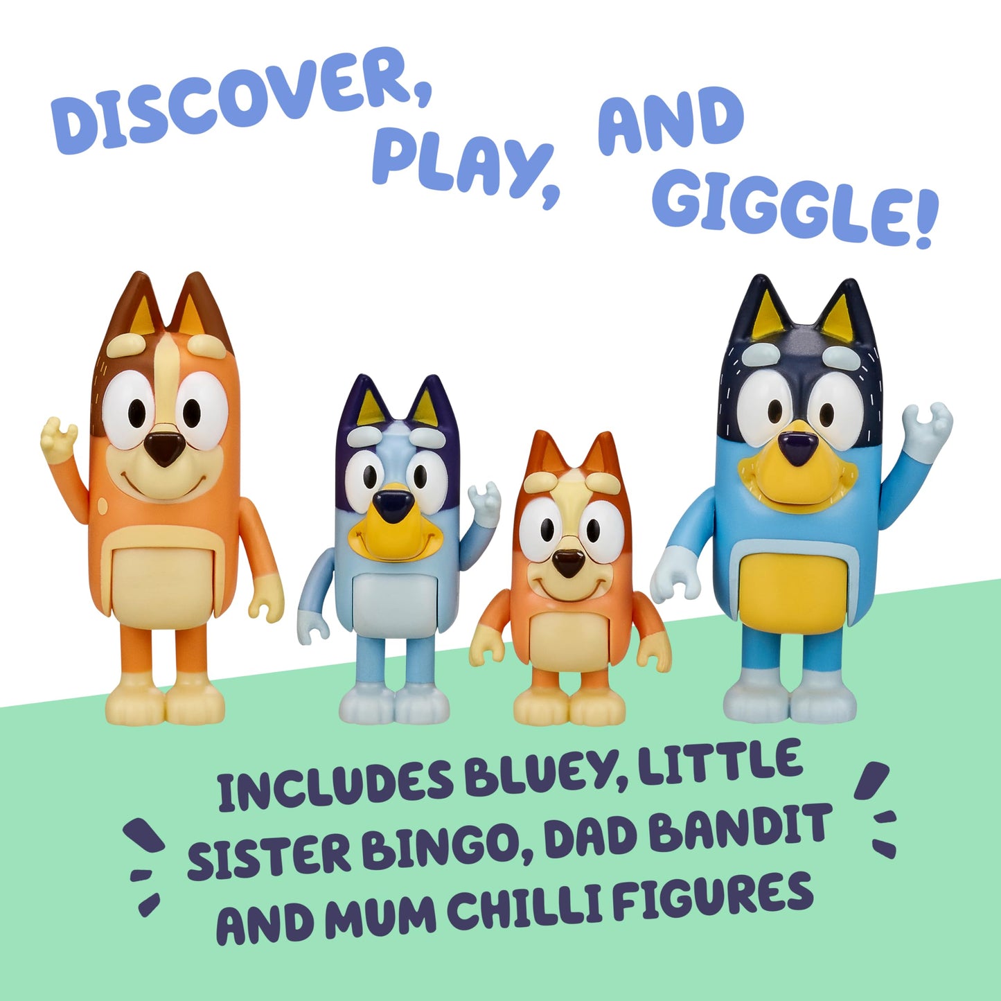 Bluey Family Figure Pack of 4, Robust Poseable Character Toys with Bingo, Chilli, and Bandit Figures, Toddler-Sized Animal Figurines for Kids Ages 3+