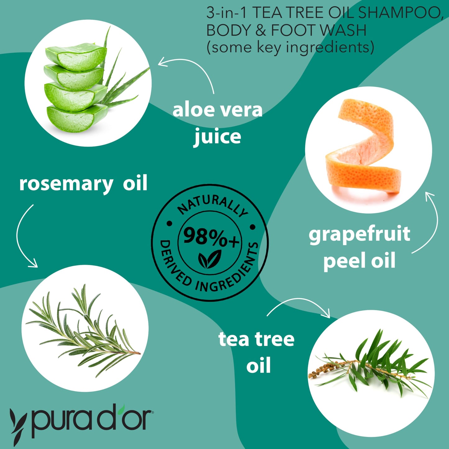 PURA D'OR 3-in-1 Tea Tree Shampoo, Body & Foot Wash – Cleansing & Refreshing Total Body Care for Odor Control, Post-Workout & Daily Hygiene, 16 Oz