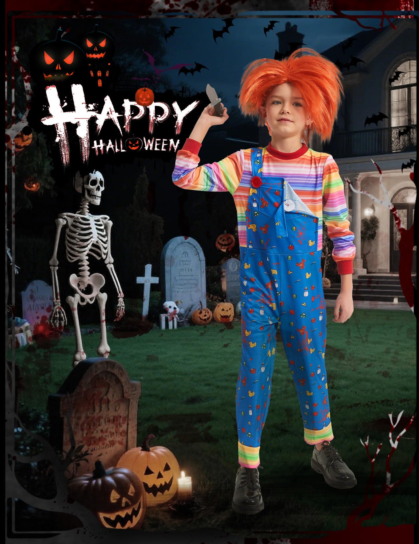 Zeepair Kids Scary Doll Costume Set Horror Killer Toy Outfit with Striped Jumpsuit Wig Prop Knife for Halloween Cosplay Party M