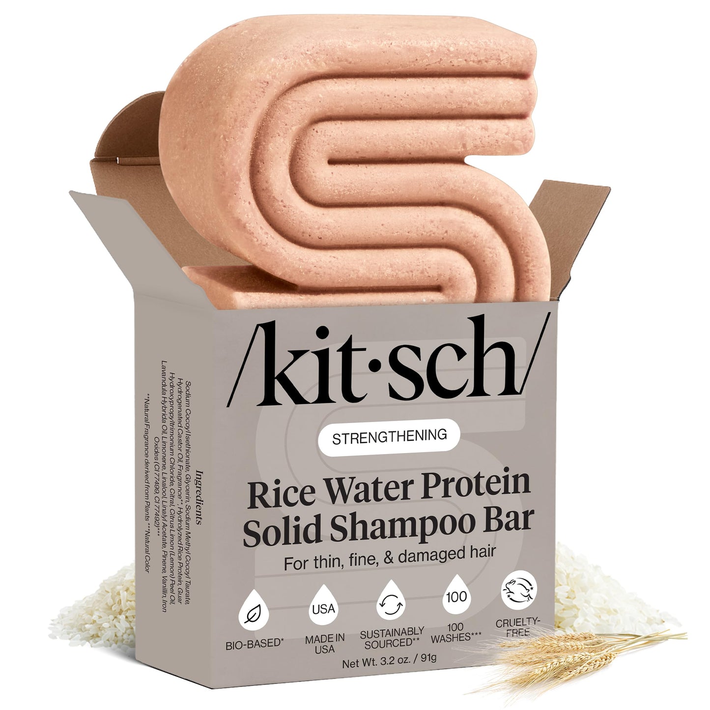 Kitsch Rice Water Shampoo Bar – Strengthening & Hair Growth Formula for Men & Women – Reduces Breakage, Boosts Shine, Vegan & Sulfate-Free, 3.2 oz