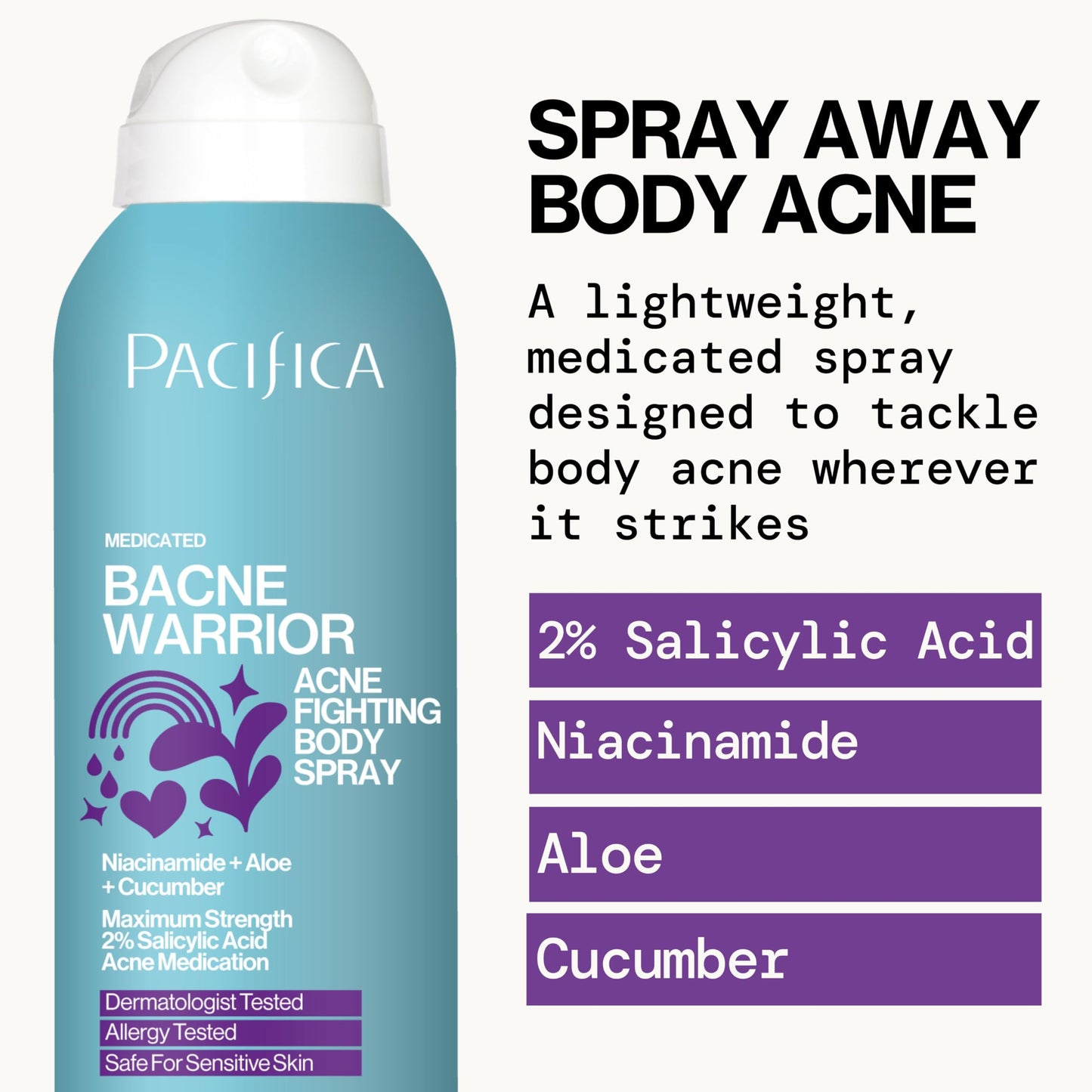 Pacifica Bacne Warrior Spray – 2% Salicylic Acid, Niacinamide & Aloe for Back, Chest & Body Acne – Dermatologist Tested, 6 Fl Oz