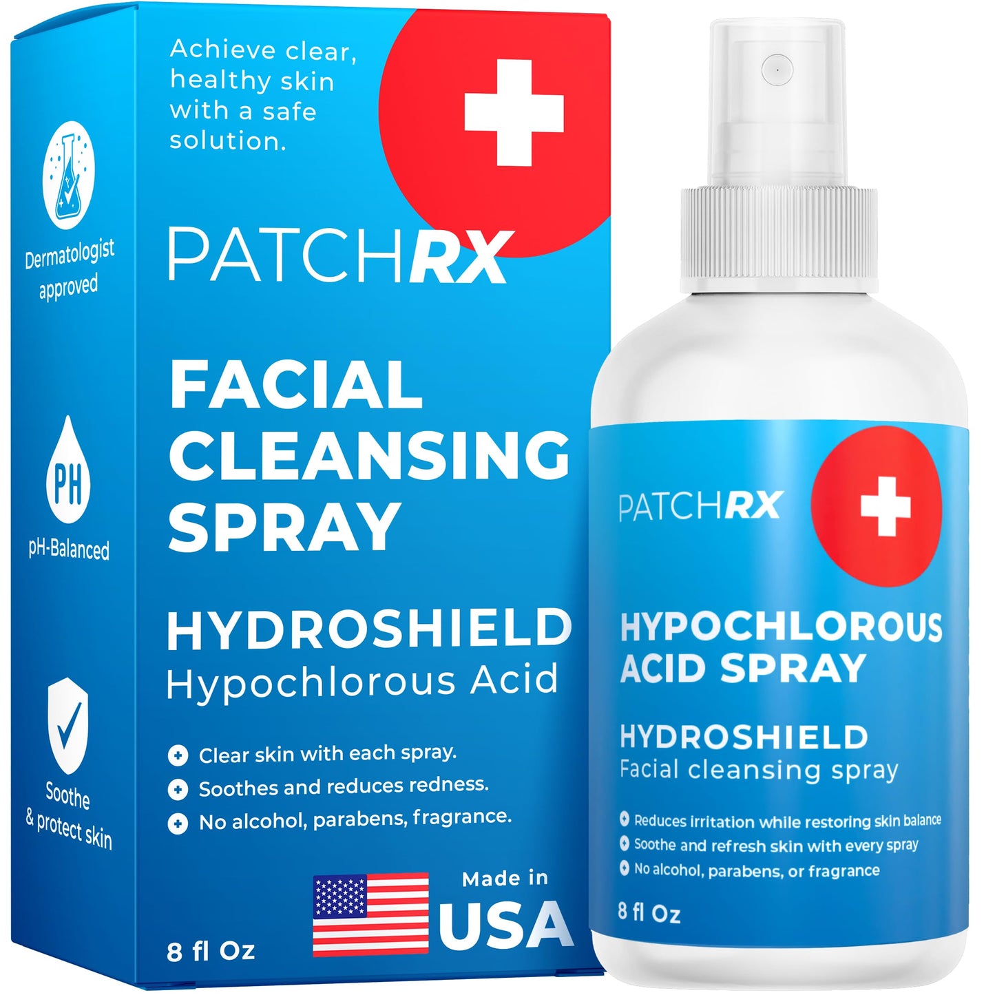 PatchRx Hypochlorous Acid Spray 8oz - HOCL Facial Cleanser for Acne, Pimples, Eczema & Redness - Kills Bacteria, Soothes Skin & Aids Recovery