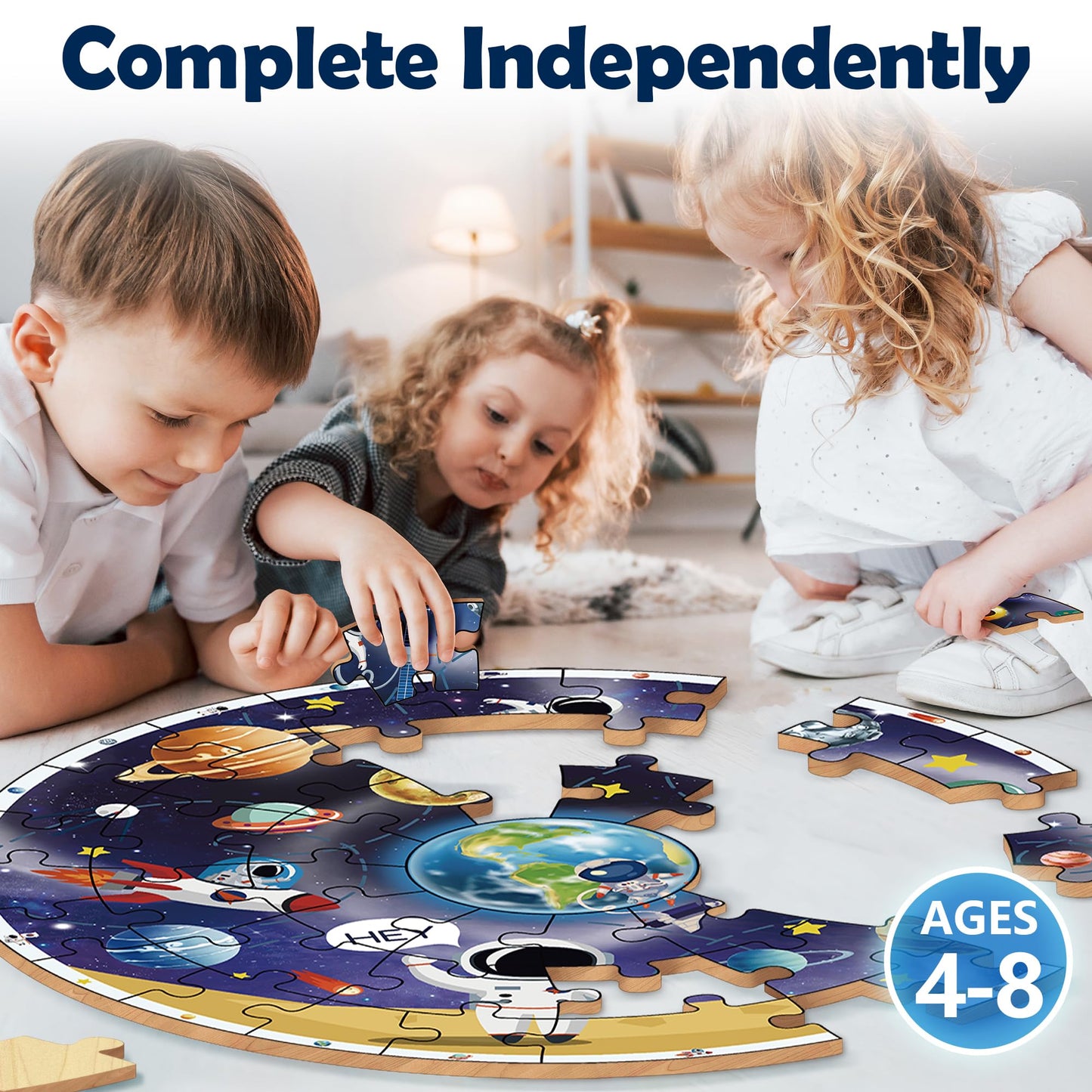 iPlay, iLearn Floor Puzzles for Kids Ages 3-6, Jigsaw Puzzle for kids Ages 4-8, Toddler Large Wooden Learning Toy, Educational Round Planets, Solar System Birthday Gift for 5-7 Year Old Boy Girl Child