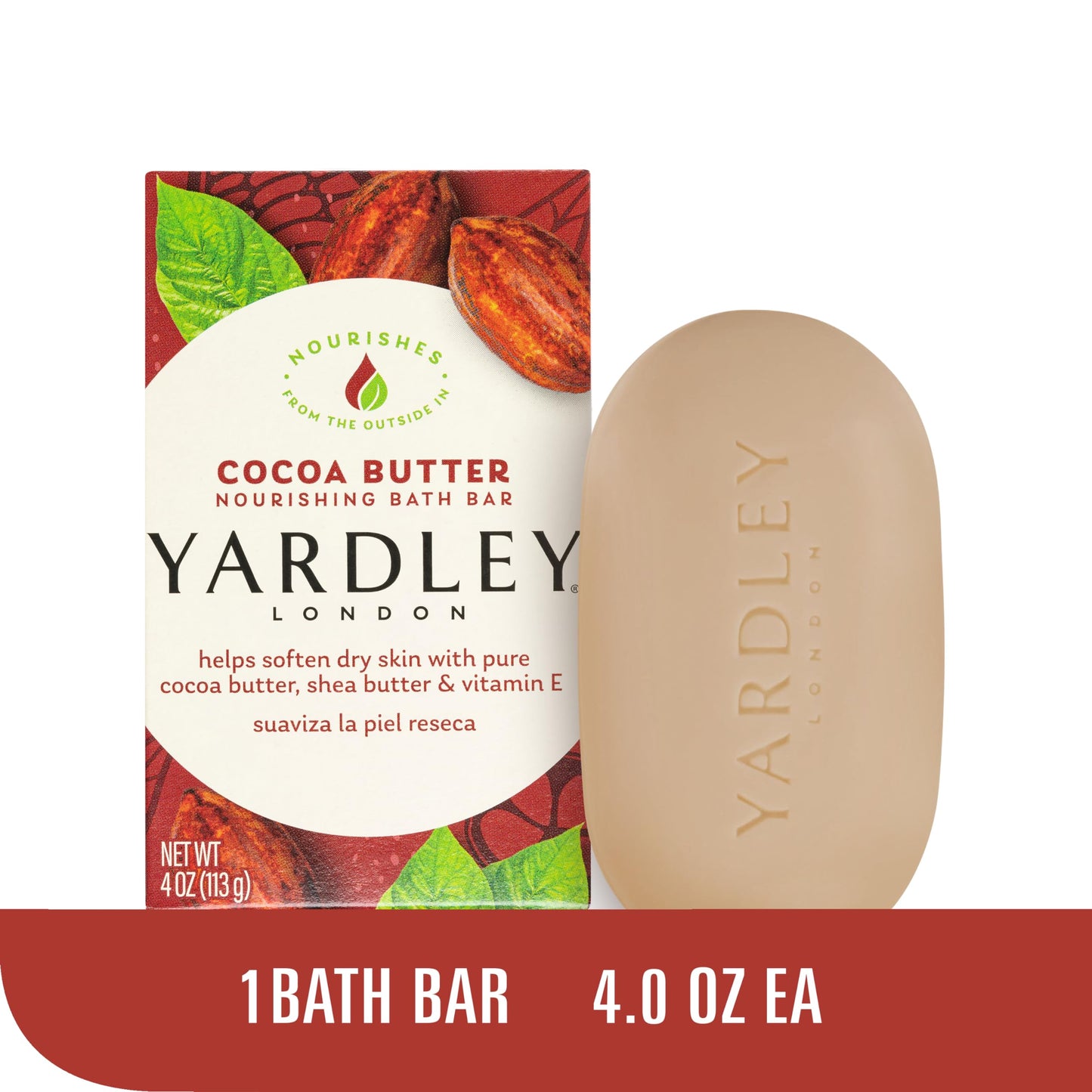 Yardley London Cocoa Butter Bath Soap Bar 4 oz – Nourishing Bar with Shea Butter & Vitamin E, Softens Dry Skin, Single Soap Bar