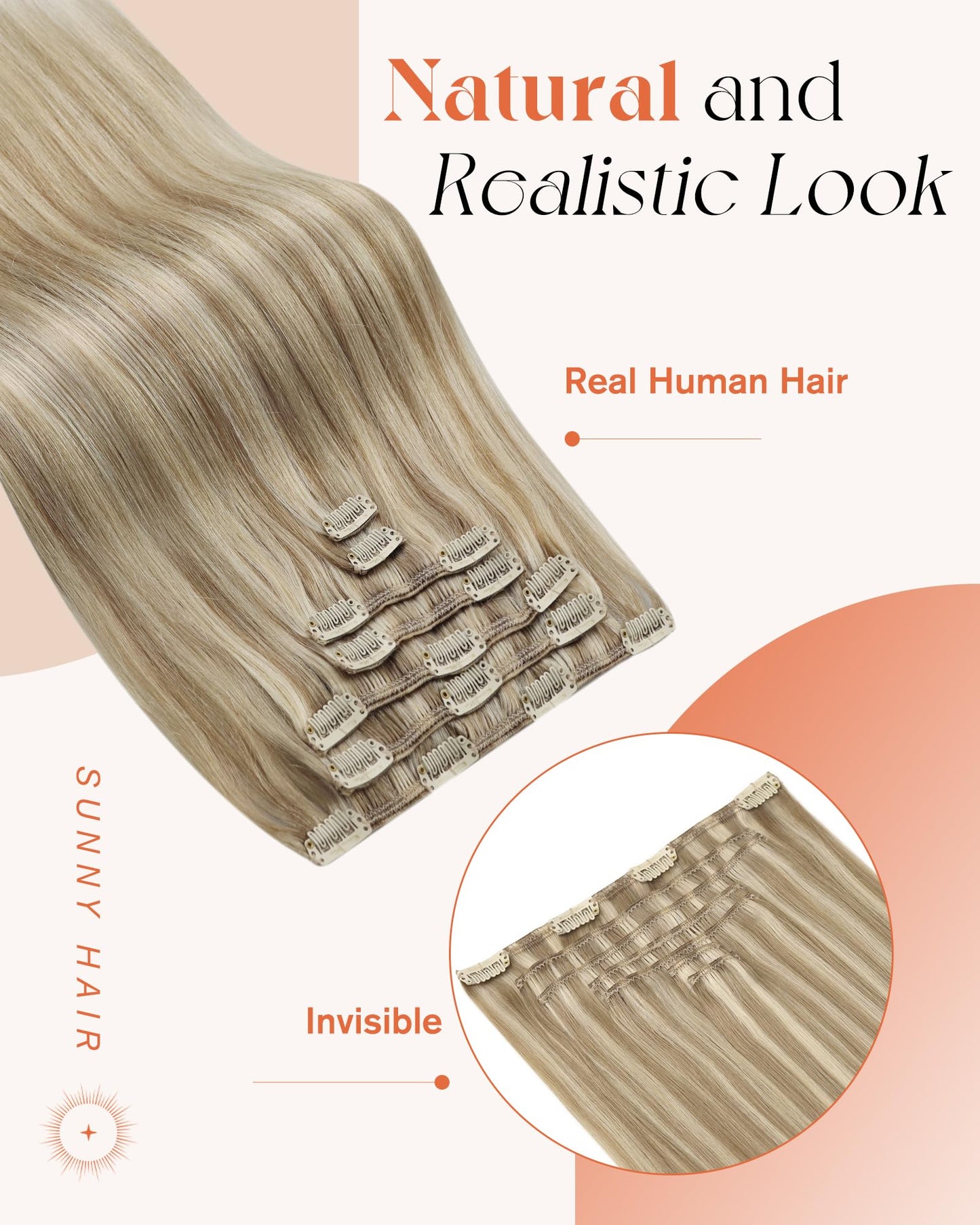 Sunny Clip-in Human Hair Extensions – 18" Straight Remy Real Hair, Golden Blonde with Light Blonde Highlights, Soft, Natural & Easy to Style