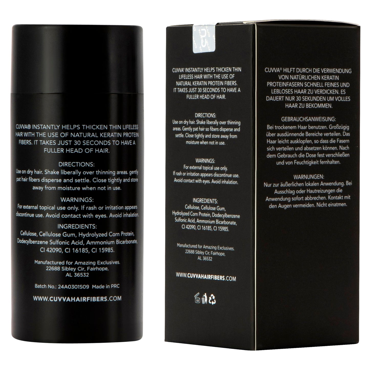 CUVVA Hair Building Fibers Black 30g – Instantly Conceals Thinning Hair for a Fuller, Thicker Look – 13 Shades for Men & Women