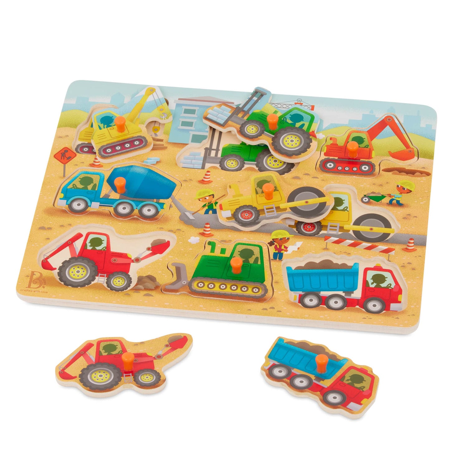 B. toys Peek & Explore Construction Trucks – Wooden Peg Puzzle with 8 Pieces: Dump Truck, Cement Mixer, Excavator & More – Toddler Toy 2+