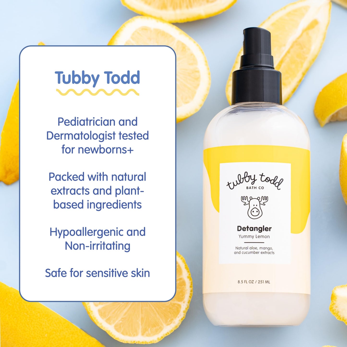TUBBY TODD Kids Hair Detangler Spray 2 Pack (8.5oz Each) – Lemon Crème | Gentle, Moisturizing Detangling Spray with Baobab & Coconut Oil