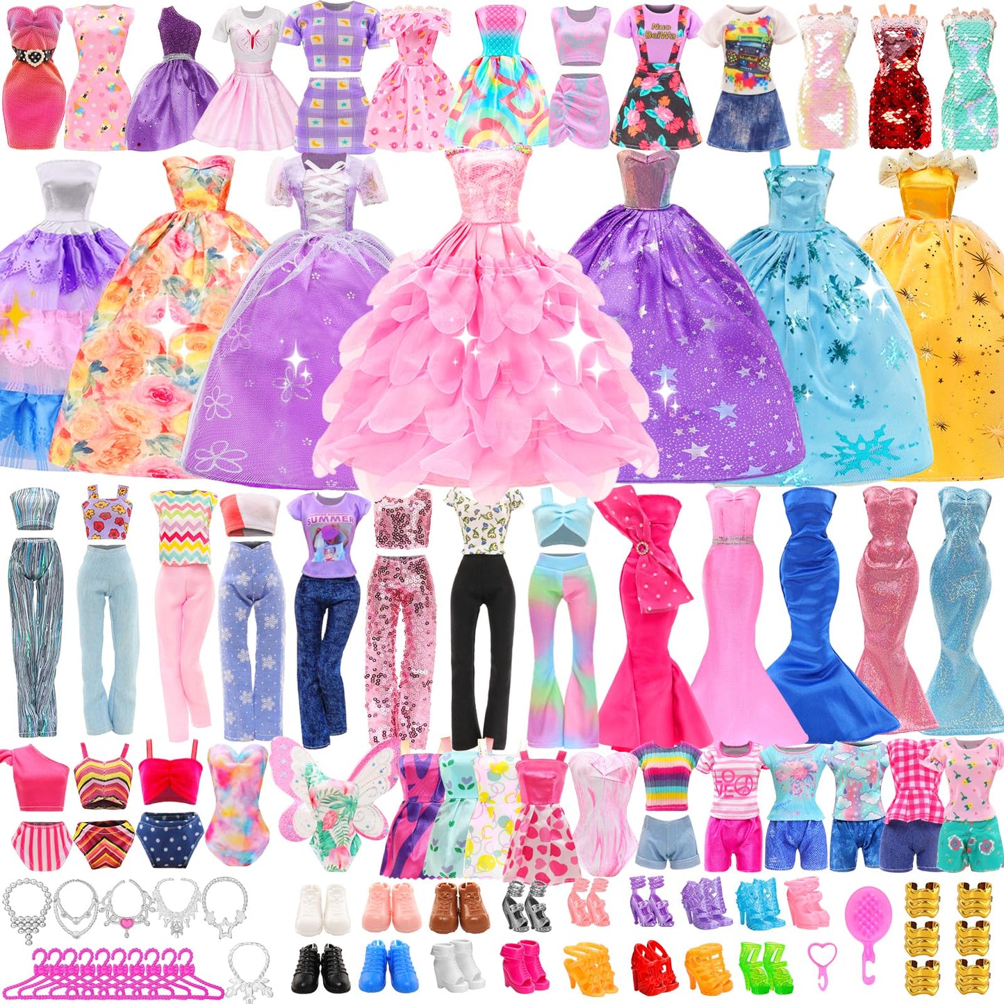 57-Piece Doll Clothes & Accessories Set for 11.5" Dolls – Dresses, Wedding Gowns, Tops, Pants, Shoes, Swimsuits & More