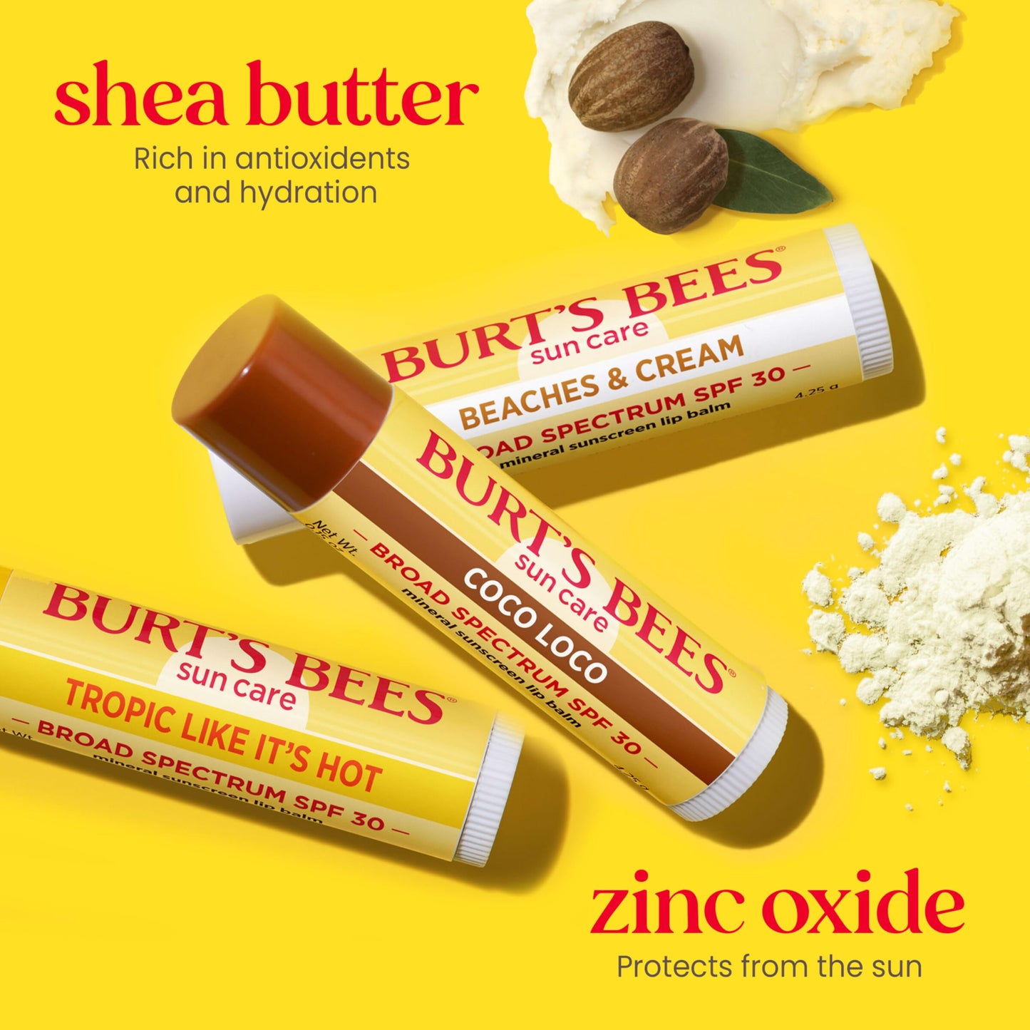Burt’s Bees SPF 30 Lip Balm Trio, Island Getaway - Coco Loco, Beaches & Cream, Tropic Like It’s Hot, Water-Resistant, 0.15 oz Each