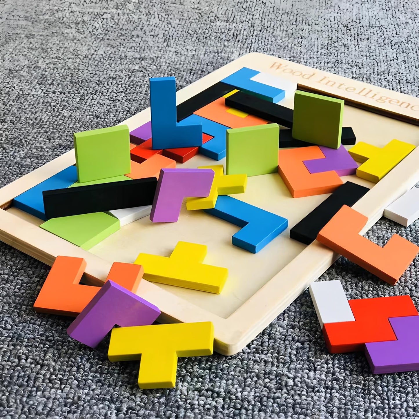 4 Pack Wooden Puzzle Set – Tangram, Hexagon, Russian Blocks & Tic Tac Toe, Brain Teaser Logic Games, Montessori STEM Toys for Kids & Adults