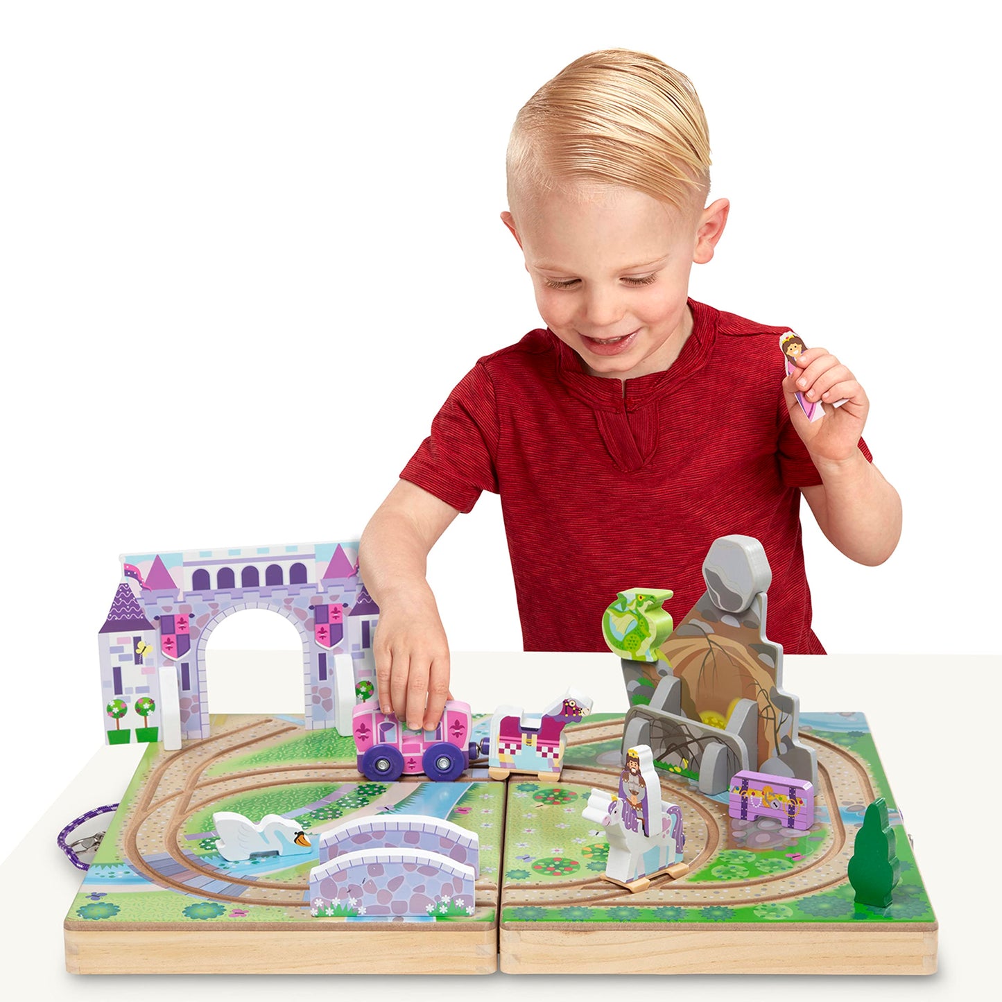 Melissa & Doug 19-Piece Wooden Take-Along Tabletop Kingdom – Carriage, Horse, Unicorn, Dragon, More