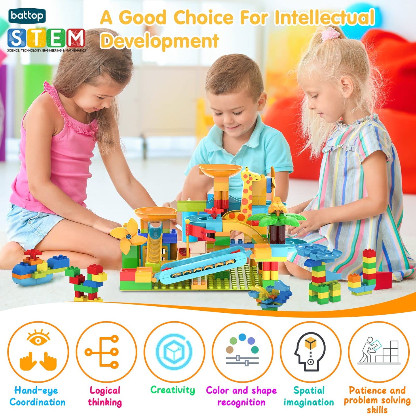 BATTOP Marble Run for Kids 4-8 – 167 PCS Big Blocks, 4-Ball Race Track, STEM Building Toy, Classic Marble Run Set, Xmas Gift for Boys & Girls