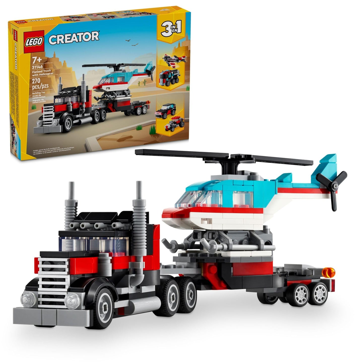 LEGO Creator 3-in-1 Flatbed Truck Toy – Transforms into Helicopter, Hot Rod & SUV, Building Set for Kids 7+, Gift Idea, 31146