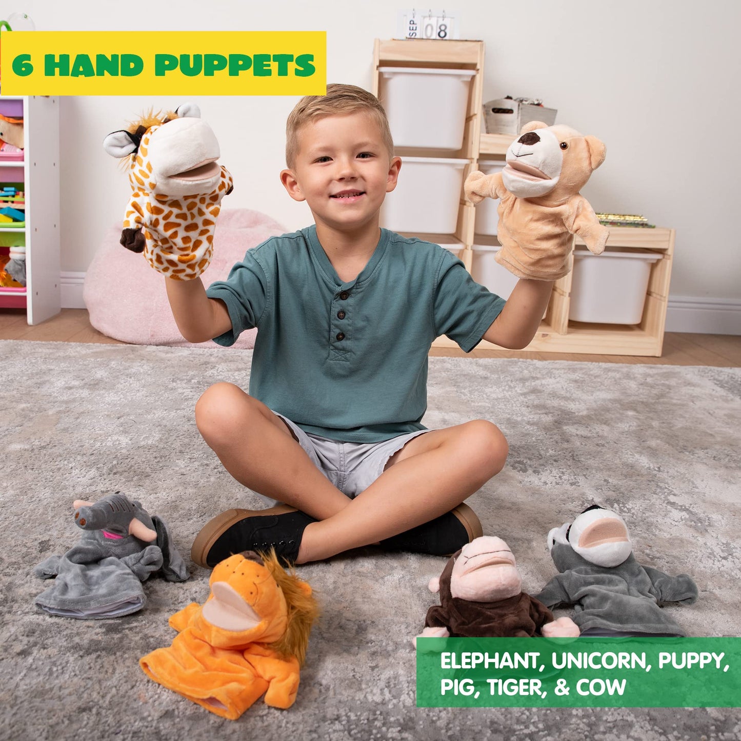 JOYIN 6Pcs Animal Hand Puppet Set with Moving Mouths – Elephant, Giraffe, Lion, Bear, Raccoon & Monkey Plush Toys for Kids Age 3+