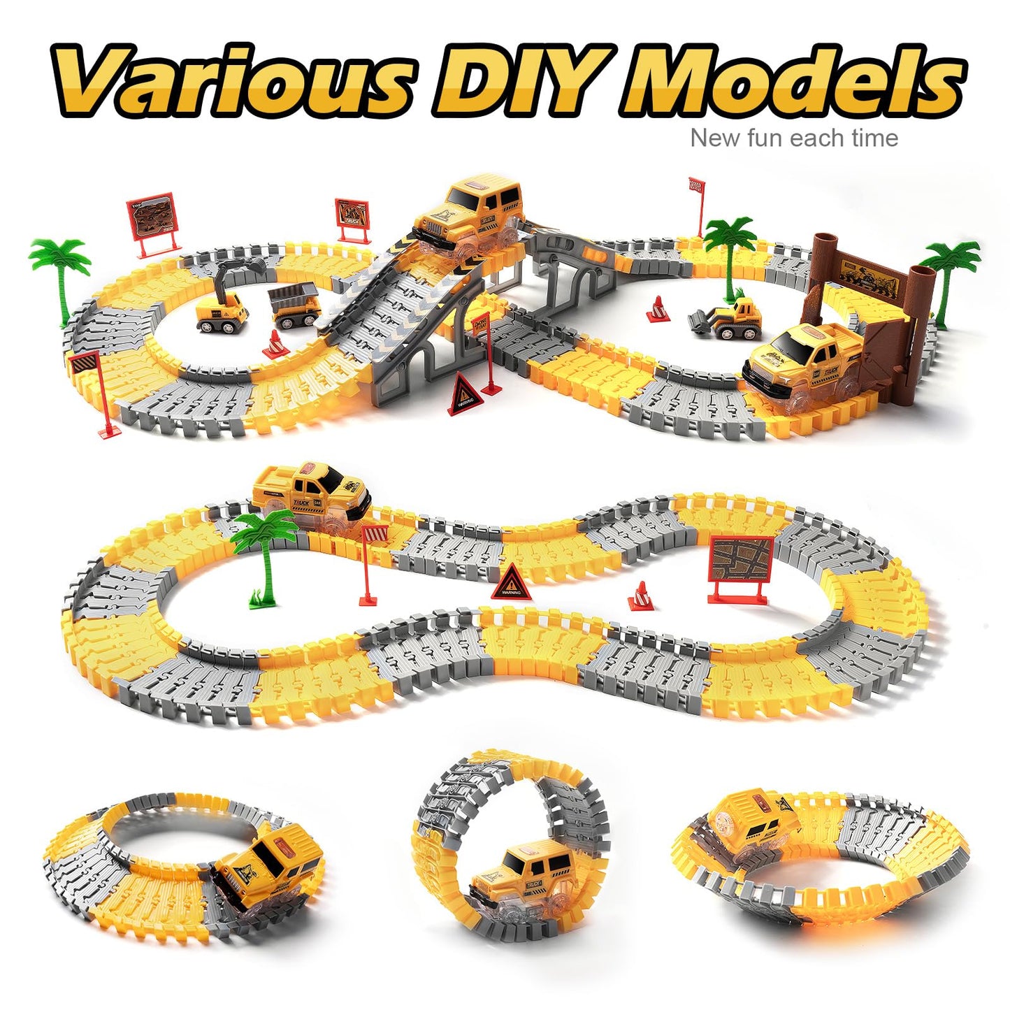 264PCS Glow-in-the-Dark Construction Race Track Set with 2 Light-Up Cars & 3 Construction Vehicles, Flexible DIY Toy for Kids Ages 3-9