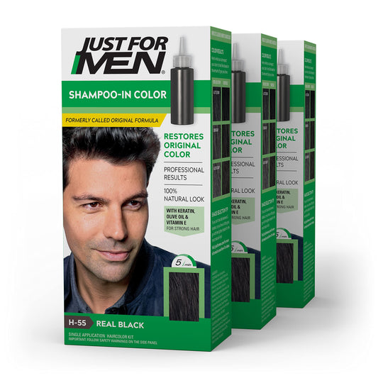 Just For Men Shampoo-In Hair Color H-55 Real Black, with Keratin & Vitamin E for Stronger Hair, Restores Natural Color, Pack of 3