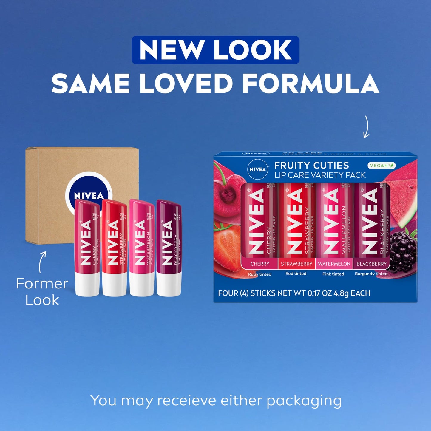 NIVEA Fruity Tinted Lip Balm 4-Pack – Cherry, Strawberry, Blackberry & Watermelon – Moisturizes, Repairs & Adds Color, 0.17oz Each