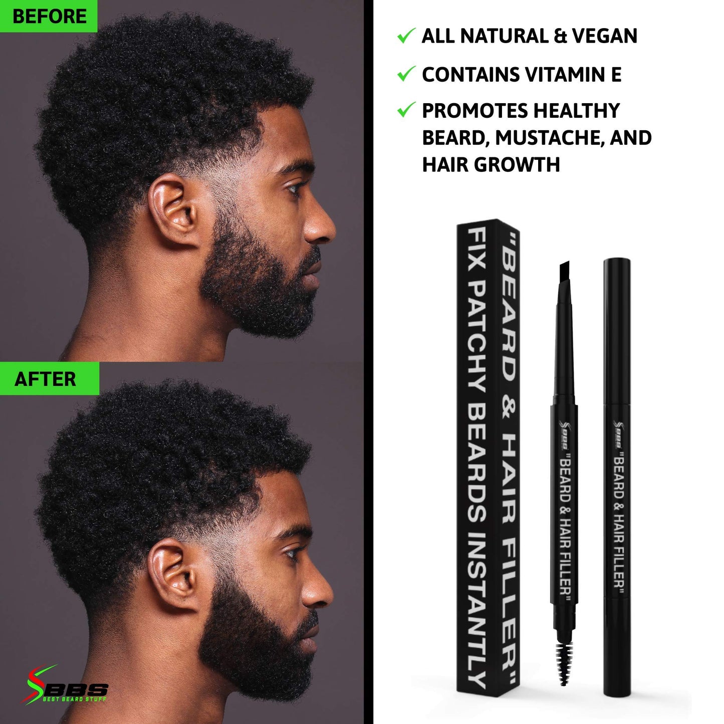 BEST Beard & Hair Filler Pen with Brush – Instantly Fill Thin Spots & Patches for Perfect Beard & Hairline – Waterproof, Vegan, Vitamin E Formula