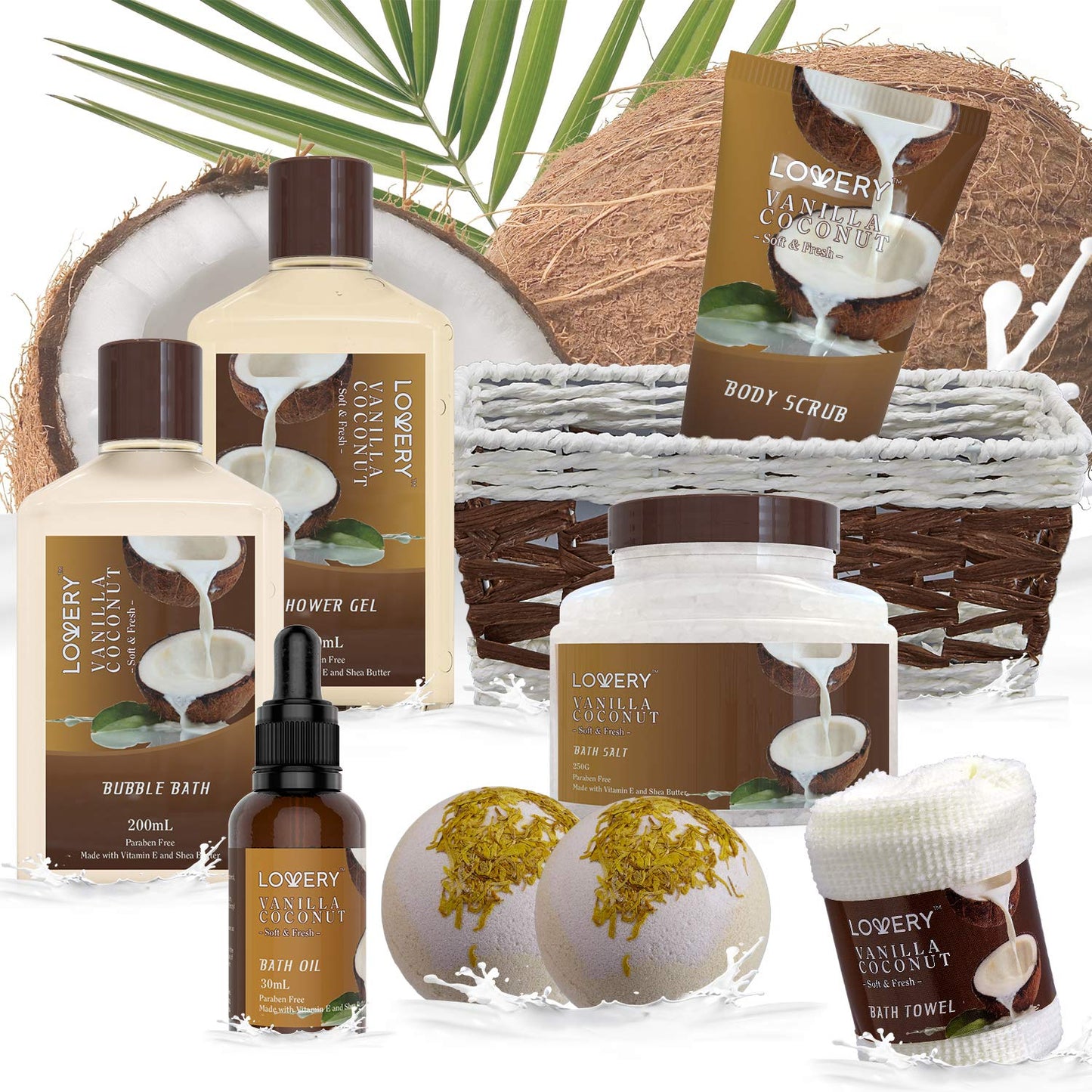 Gifts for Women Spa Basket – 9-Piece Vanilla Coconut Set with Lotions, Bath Bombs, Coconut Oil, Luxury Towel & More