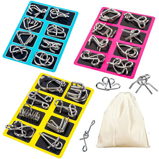 GEKELI 24-Piece Metal Wire Puzzle Set with Pouch – Brain Teasers, IQ Challenge, Interlock & Unlock Games, Magic Trick Toy for Kids & Adults