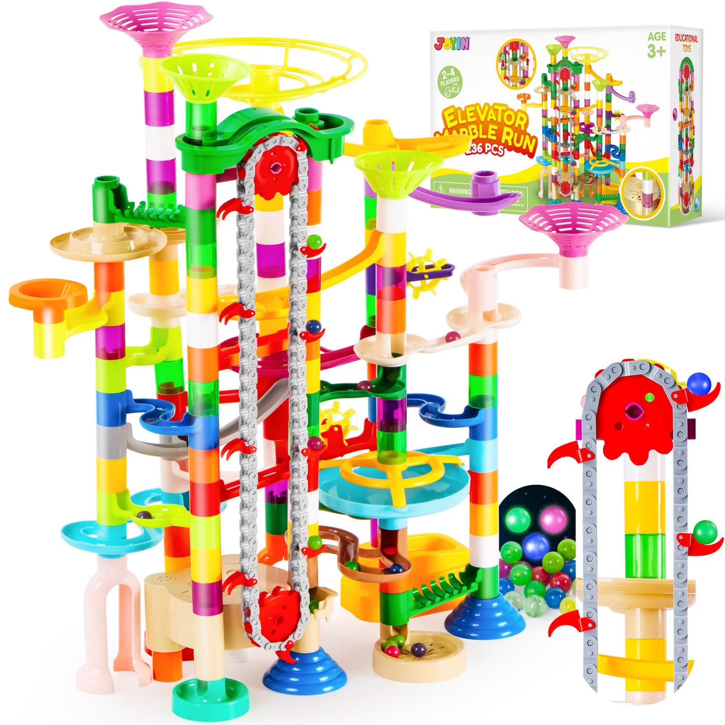 JOYIN 236-Piece Glowing Marble Run with Motorized Elevator, 30 Glow-in-the-Dark Marbles, STEM Building Toy for Kids Gift