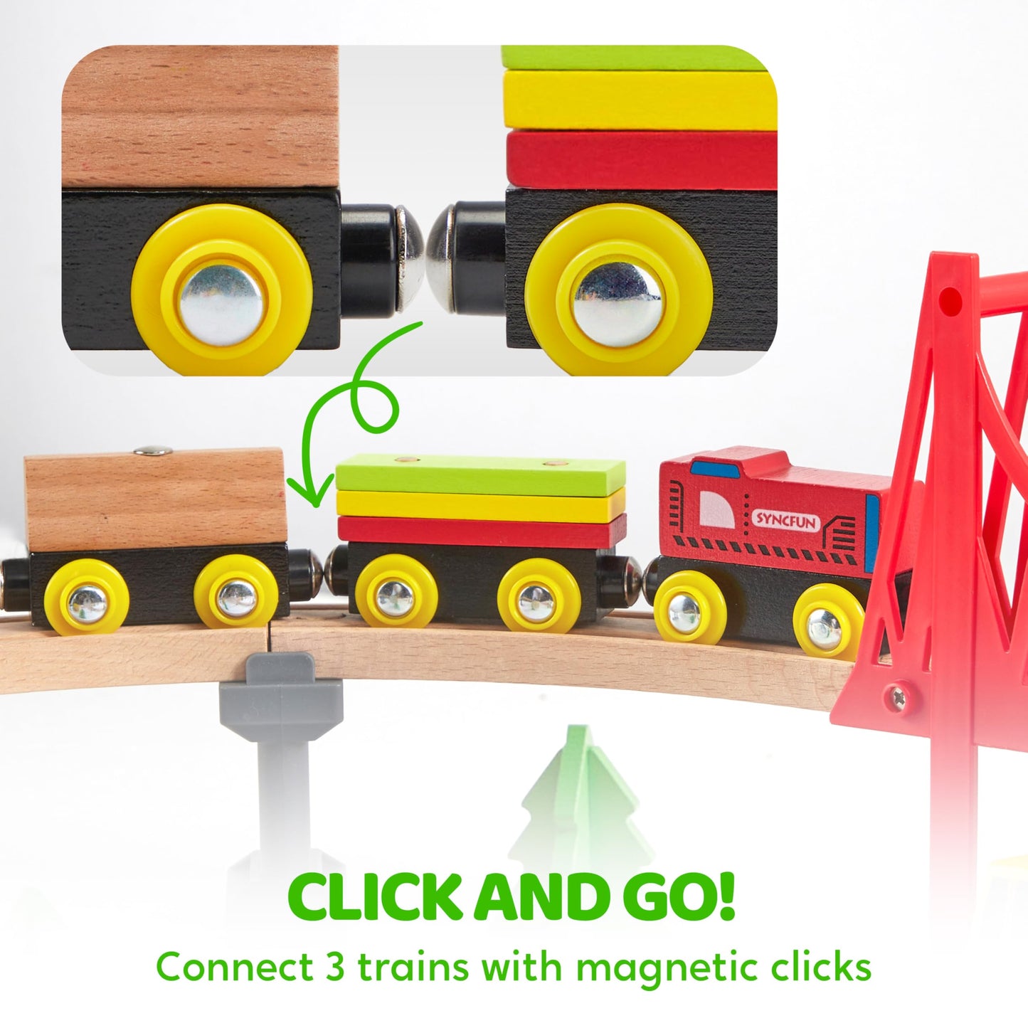 60PCS Wooden Train Set - Construction Express Railway with Magnetic Crane, Trains & Accessories, Fun Birthday & Christmas Gift for Kids 2-8