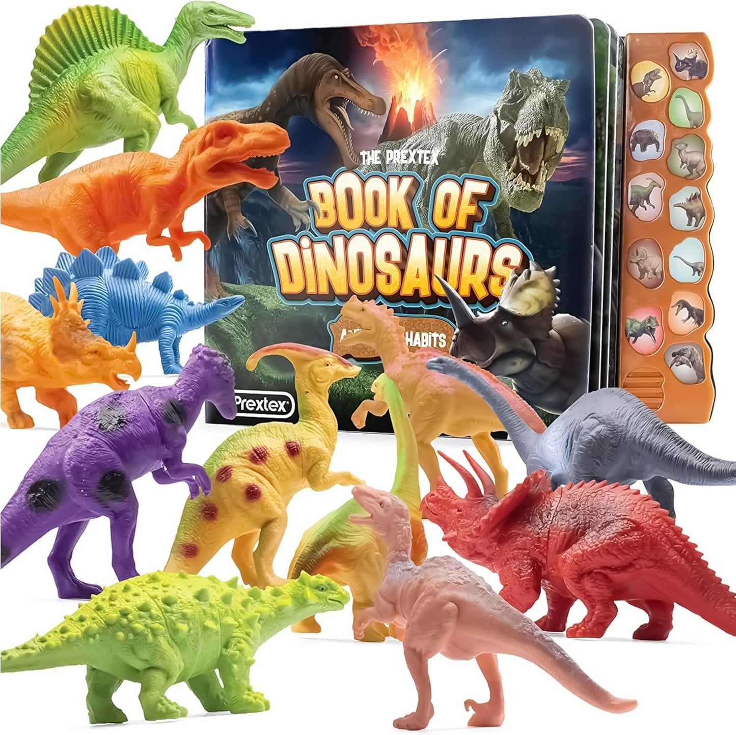 PREXTEX Dinosaur Toys for Kids 3-5 – 12 Realistic Dinosaur Figures with Sound + Dino Book for Learning & Play