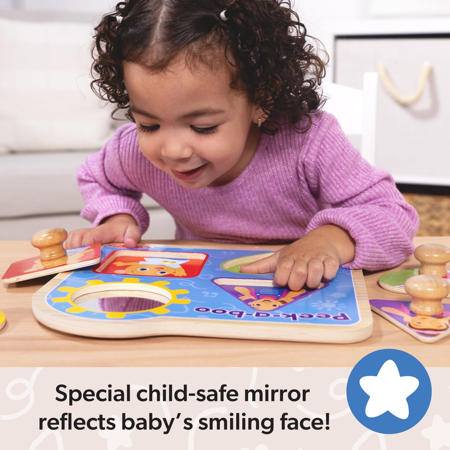 Melissa & Doug® Ms. Rachel™ Wooden Peek-a-Boo Jumbo Peg Puzzle, 4-Piece with Mirror, Toddler Toys for Boys and Girls Ages 1+ Years