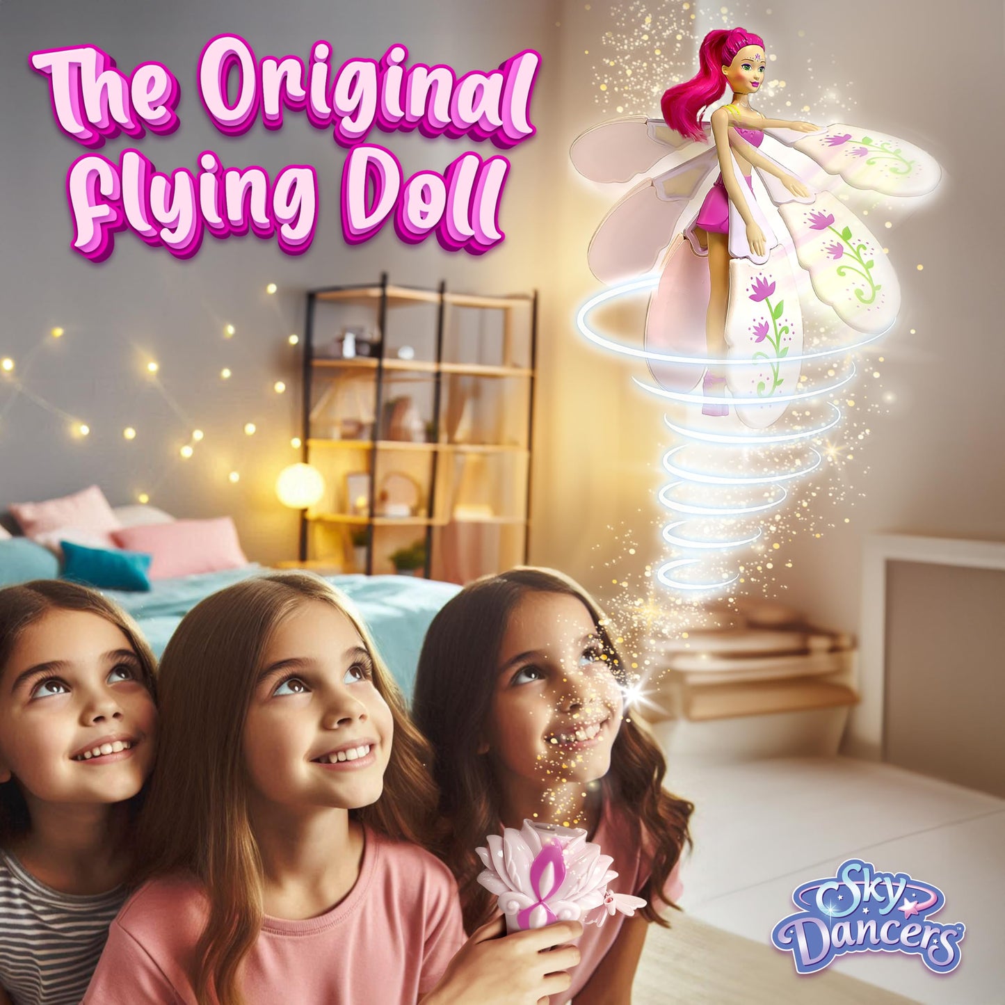Sky Dancers Flying Doll Fuchsia Fantasy – 90s Throwback Pull-String Toy That Flies, No Batteries, Magical Gift for Kids 6+
