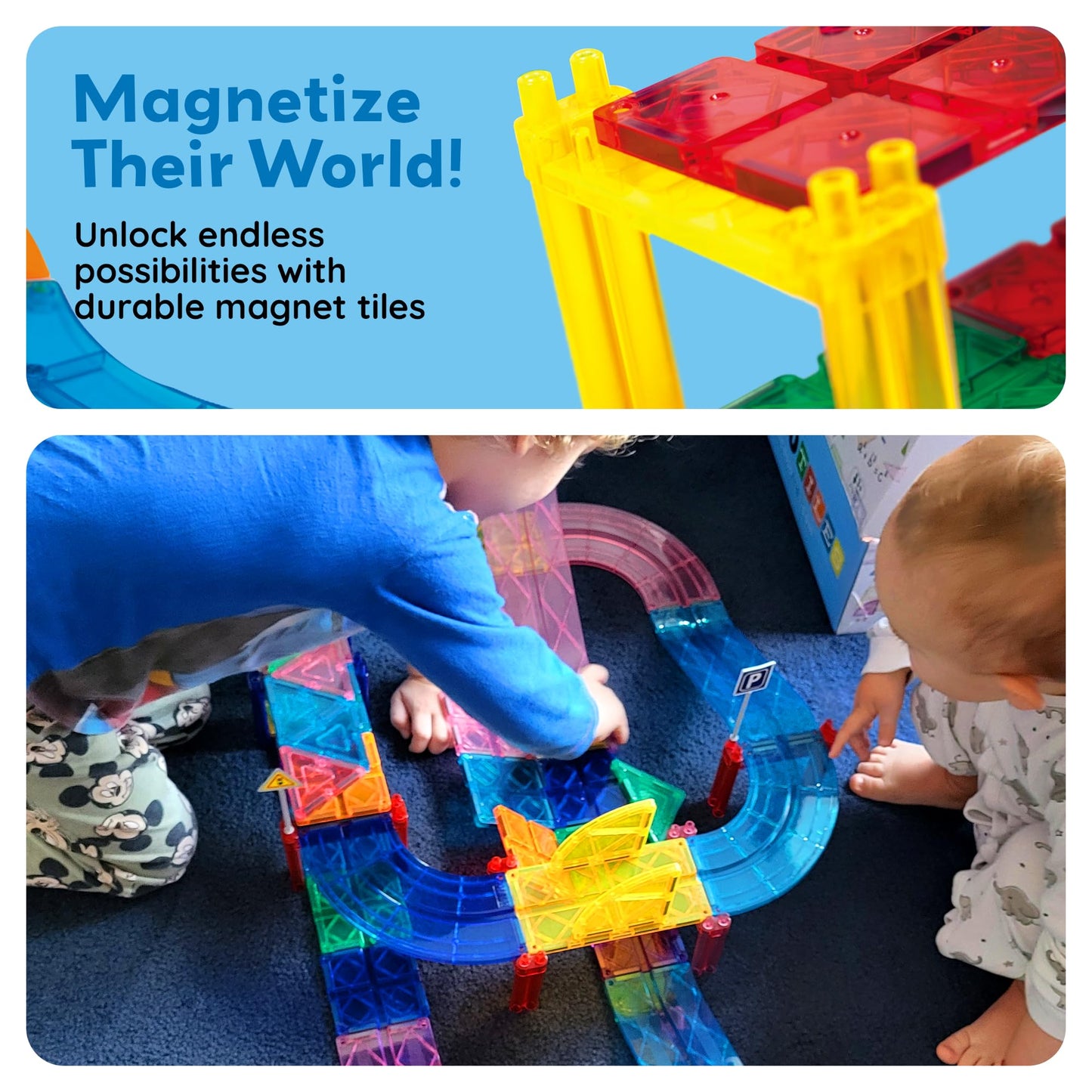 PicassoTiles Magnetic Tiles Race Track Playset with 2 Racing Trucks – STEM Building Blocks Toy for Toddlers, Boys & Girls 3+ PTR30