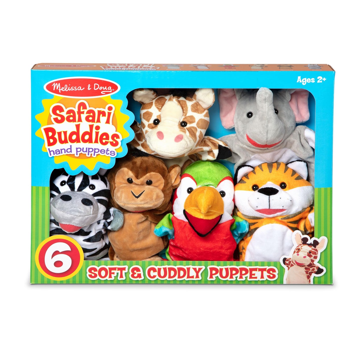 Melissa & Doug Safari Buddies Plush Hand Puppets Set of 6 – Elephant, Tiger, Parrot, Giraffe, Monkey & Zebra for Kids Ages 2+