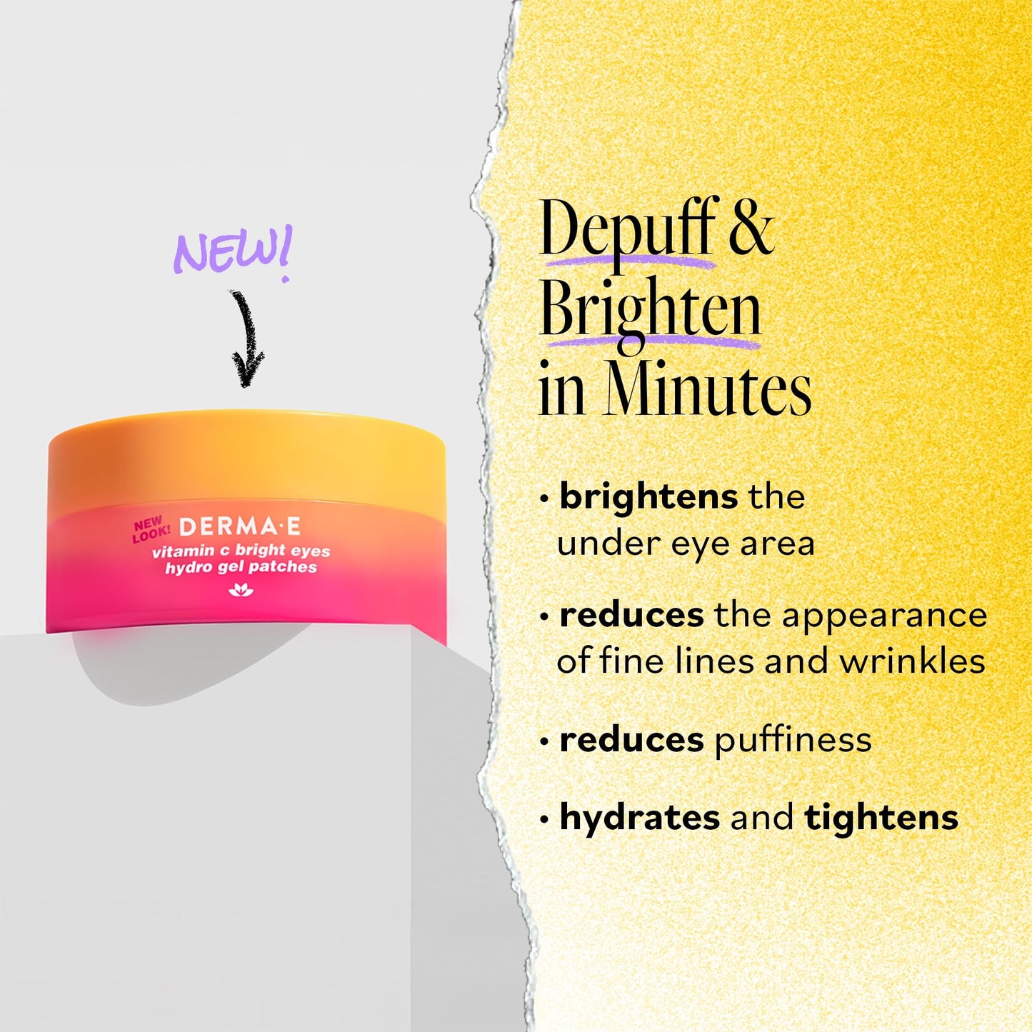 Derma E Vitamin C Bright Eyes Hydro Gel Patches, 30 Pairs (60ct) – Caffeine, Allantoin & Vitamin B3 for Dark Circles, Puffiness & Wrinkles