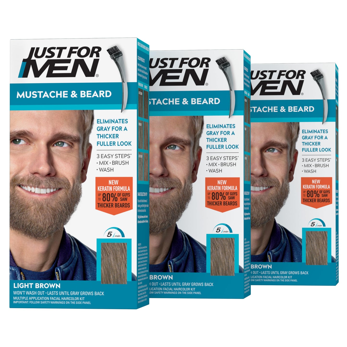 Just For Men Mustache & Beard Dye for Men - Light Brown M-25, Pack of 3 | With Keratin, Biotin, Aloe & Coconut Oil | Brush Included, Healthy Beard
