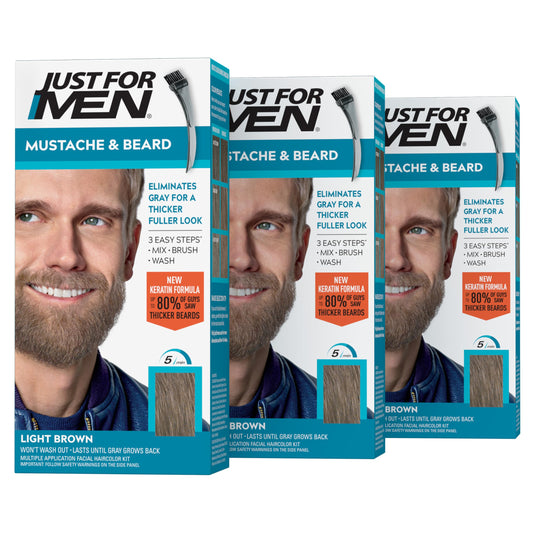 Just For Men Mustache & Beard Dye for Men - Light Brown M-25, Pack of 3 | With Keratin, Biotin, Aloe & Coconut Oil | Brush Included, Healthy Beard