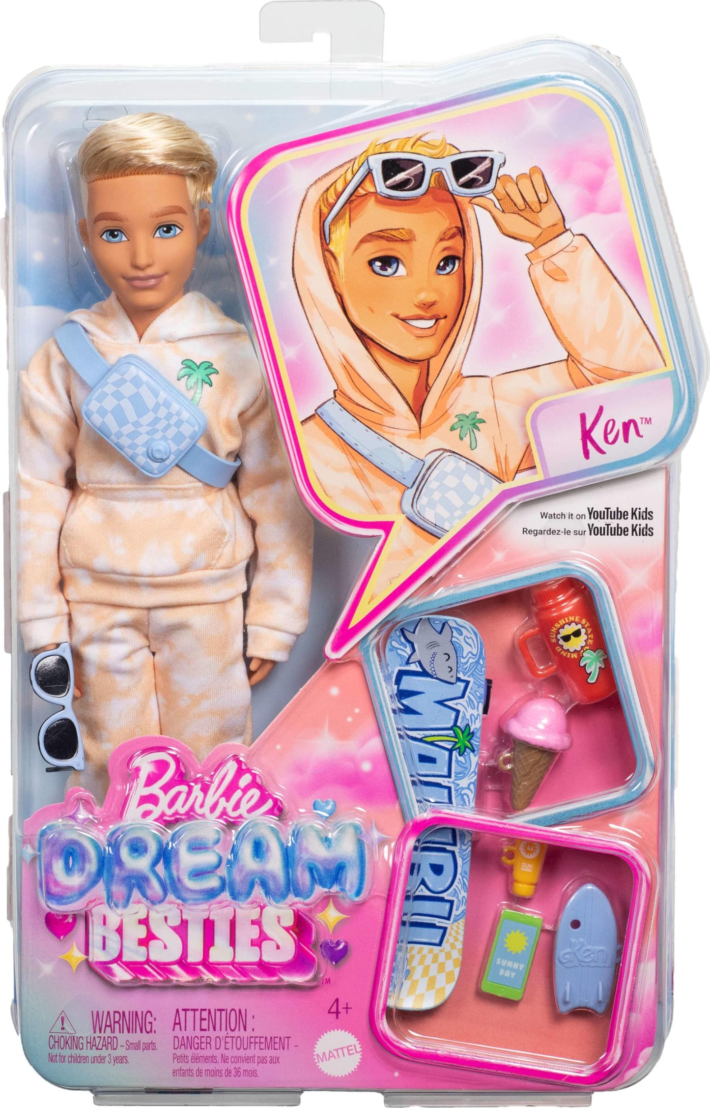Barbie Dream Besties Doll and Accessories, Ken Posable Fashion Doll with Removable Fashions & Blonde Hair, 9 Summer & Skateboard Themed Pieces