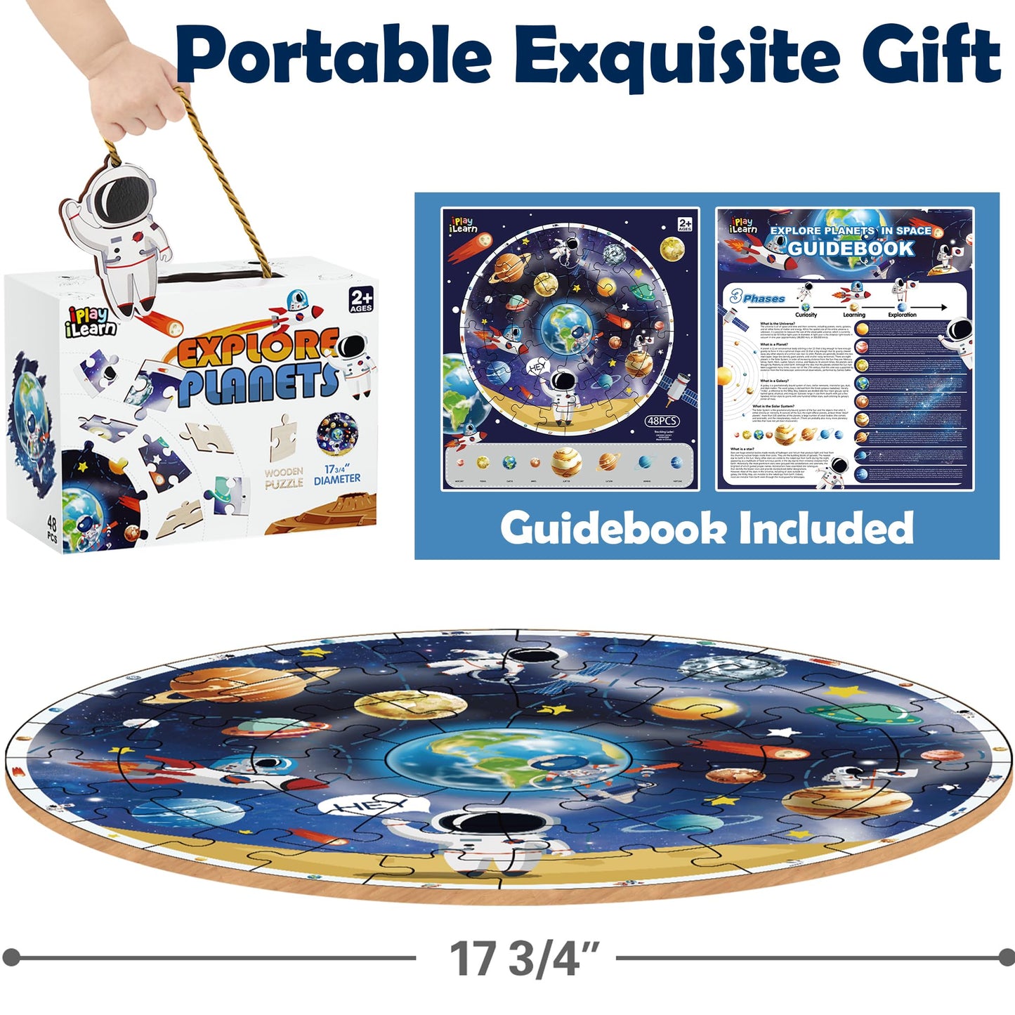 iPlay, iLearn Floor Puzzles for Kids Ages 3-6, Jigsaw Puzzle for kids Ages 4-8, Toddler Large Wooden Learning Toy, Educational Round Planets, Solar System Birthday Gift for 5-7 Year Old Boy Girl Child