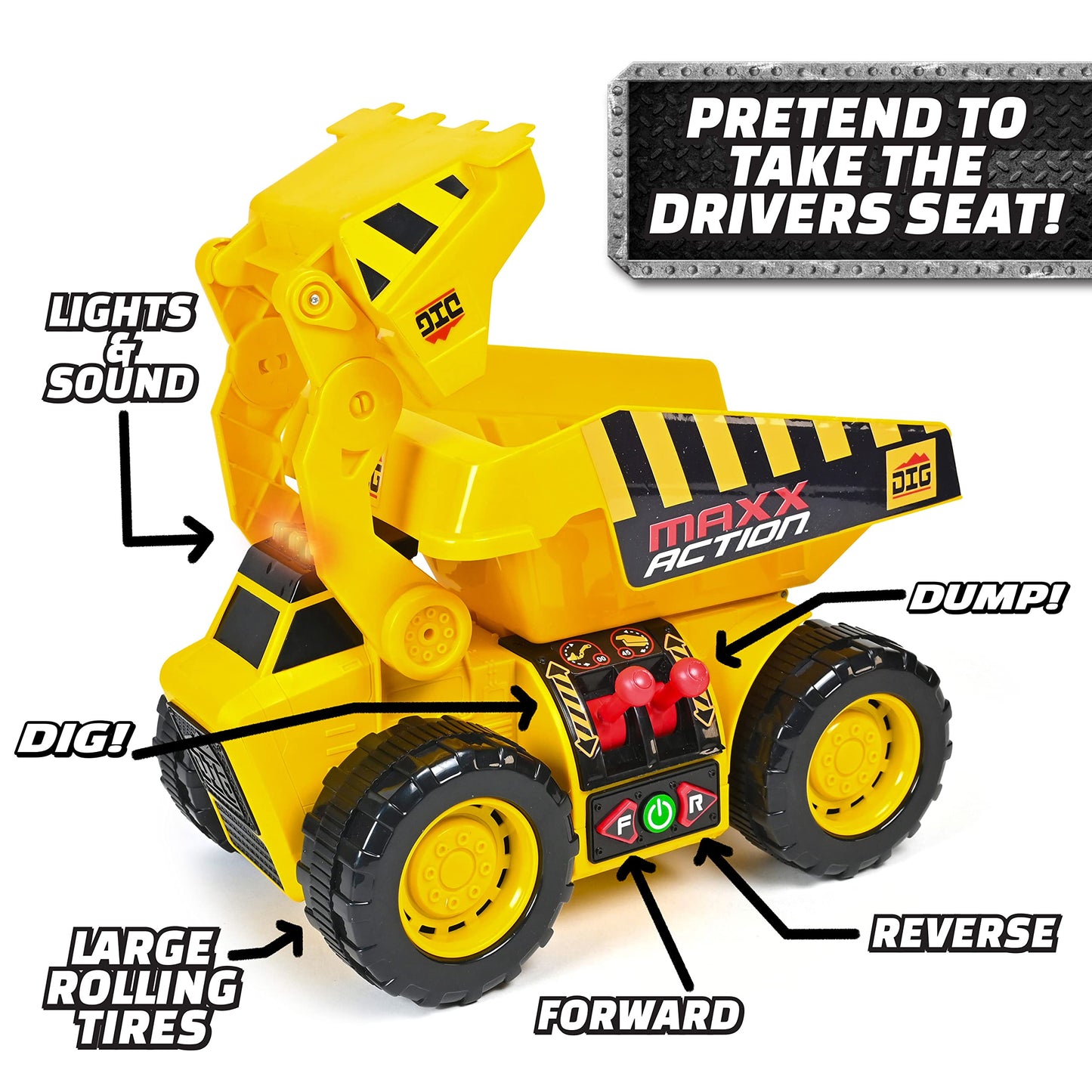 Maxx Action 19” 2-in-1 Motorized Dig Rig Excavator & Dump Truck Toy with Joystick Control, Lights & Sounds | Construction Vehicle Toy for Kids 3+