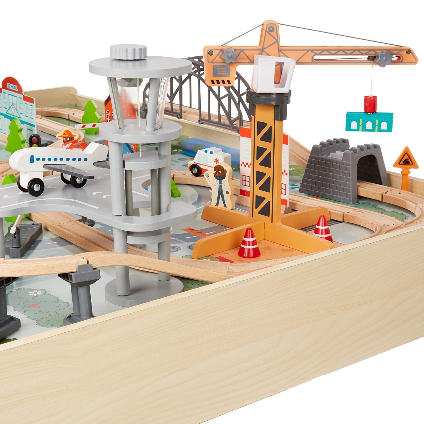 Amazon Basics 120 Piece Wooden Train Set with Table, Sturdy Tracks and Storage Bin, Multi-Activity, Kids Gift for Age 3Y+, 48.62 x 18.07 x 7.01 in
