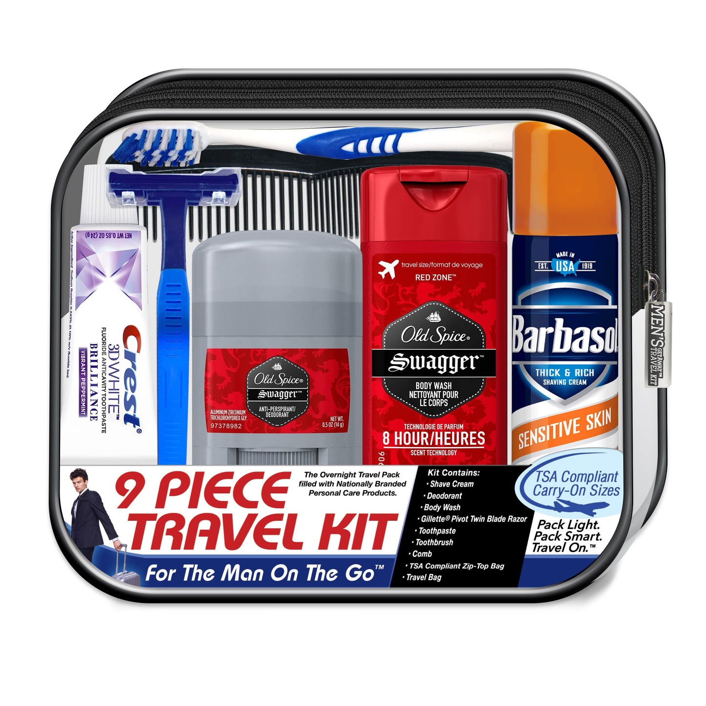 Convenience Kits International Men’s Deluxe 9-Piece Travel Kit – TSA-Compliant Essentials with Old Spice Products in Reusable Toiletry Bag