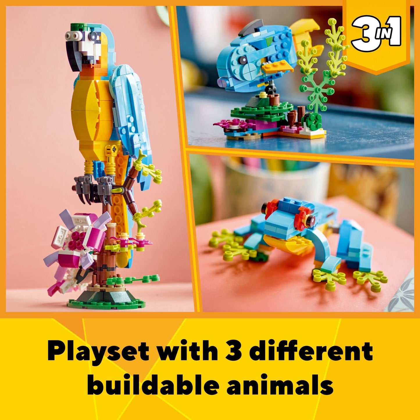 LEGO Creator 3-in-1 Exotic Parrot Toy Set – Build Parrot, Fish & Frog, Creative Transforming Animals for Kids 7+, Set 31136