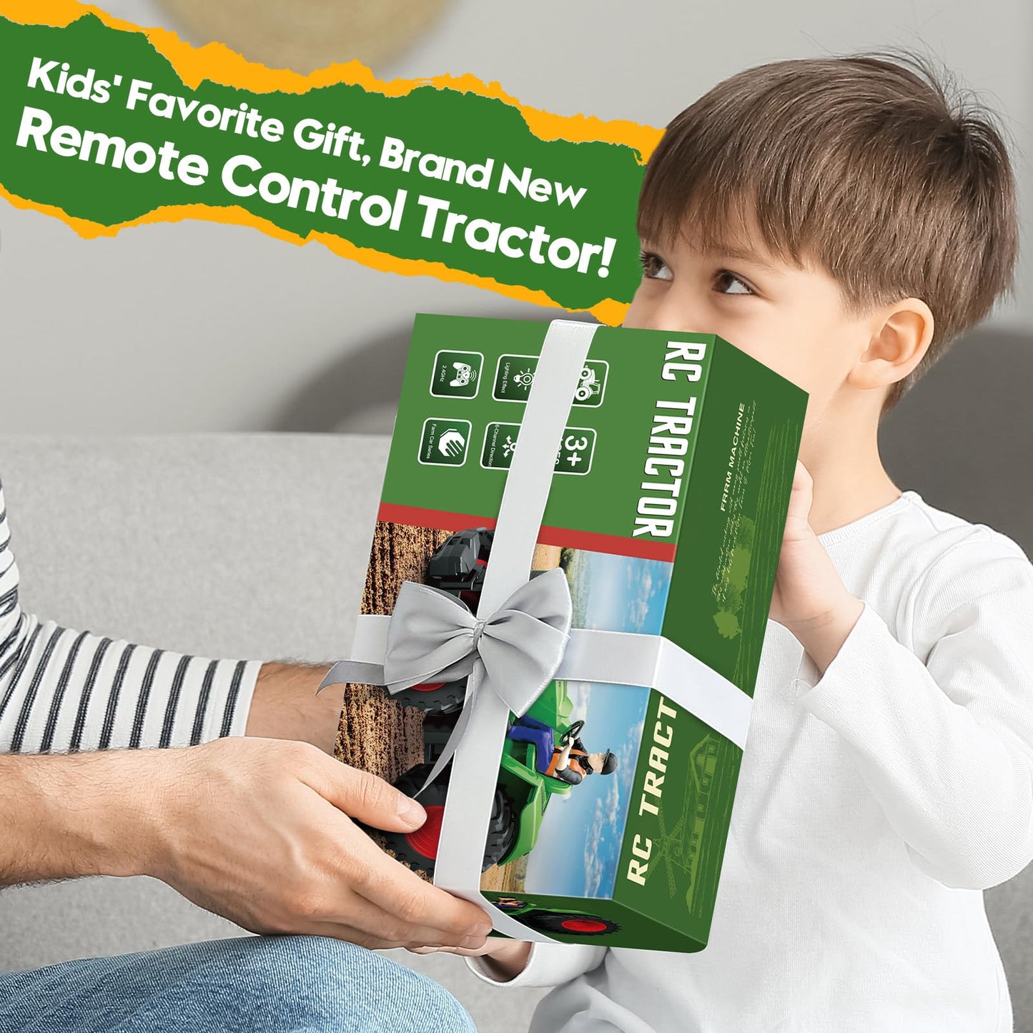 RC Tractor Toy for Kids 3-5, 1:24 Scale Remote Control Farm Tractor with Farmer & Light, Rechargeable Toddler Toy Set Birthday Gift