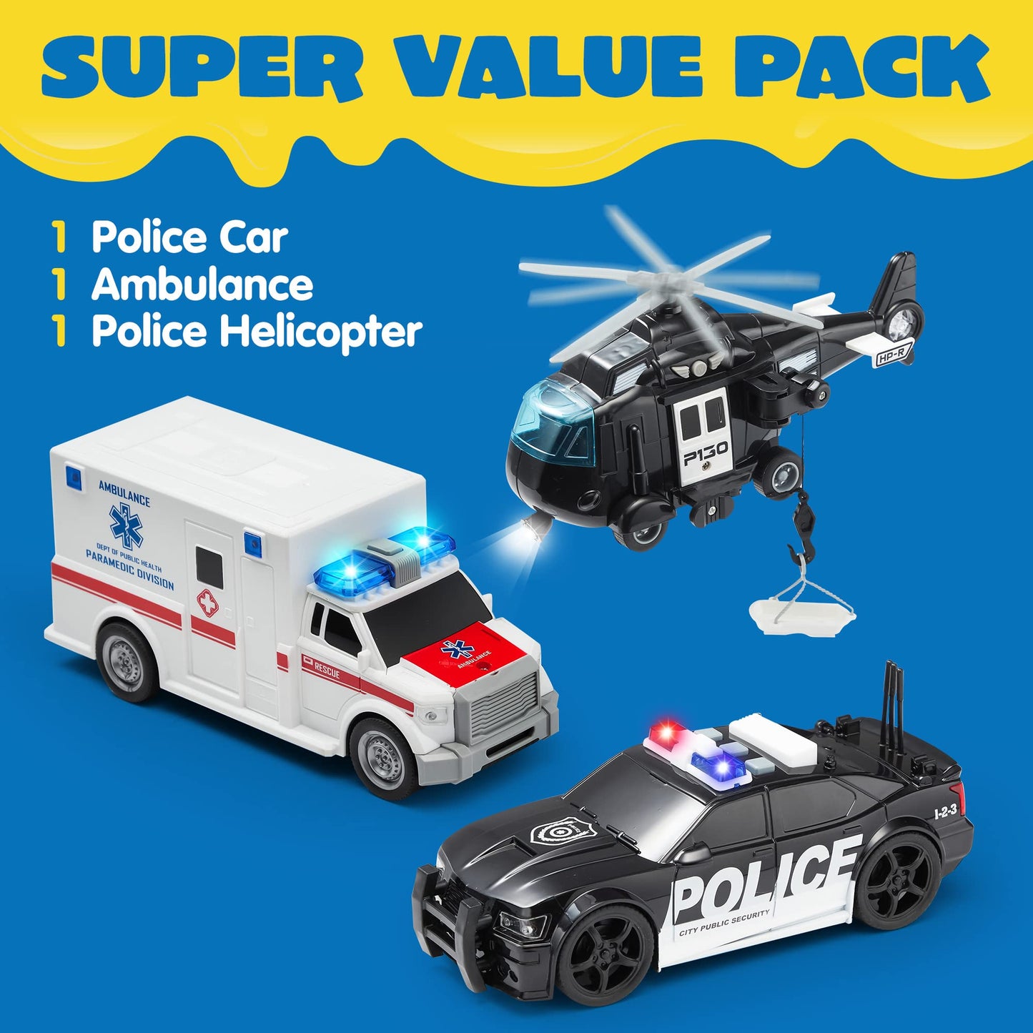 JOYIN Toddler Truck Toy Set for Boys & Girls 3-9 – Friction Powered Police & Emergency Vehicles with Lights & Sounds, Birthday & Christmas Gift