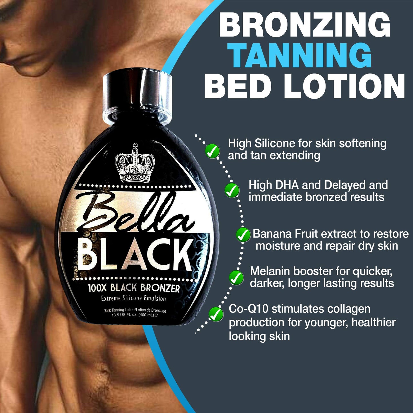 Bella Black 100X Dark Bronzer Tanning Lotion – Indoor Tanning Bed Lotion with Silicone Emulsion & Banana Fruit Extract – Instant Deep Tan, 13.5oz