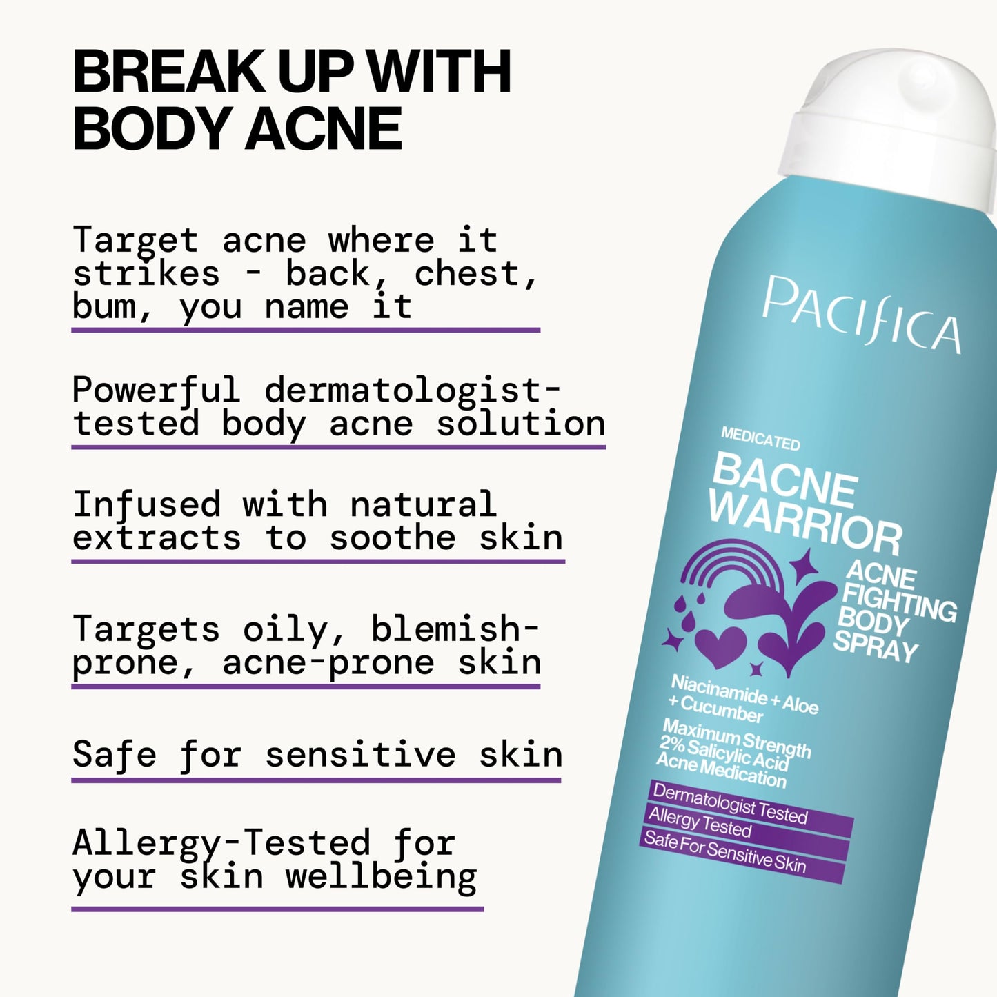 Pacifica Bacne Warrior Spray – 2% Salicylic Acid, Niacinamide & Aloe for Back, Chest & Body Acne – Dermatologist Tested, 6 Fl Oz