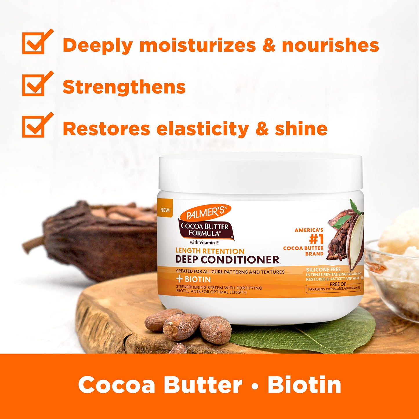 Palmer's Cocoa Butter & Biotin Length Retention Deep Conditioner 8.5 oz | Strengthens, Nourishes & Restores Shine for All Curly Hair Types